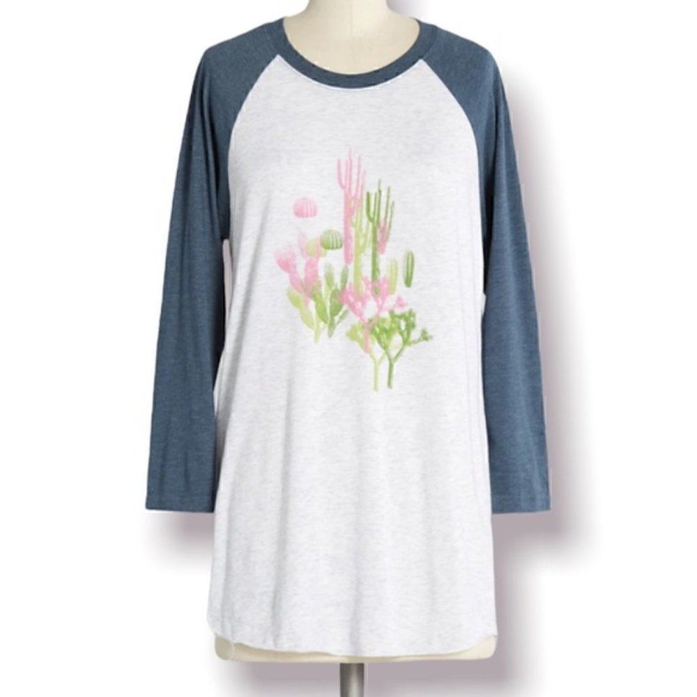 Modcloth Raglan Tee Dessert Cacti Print Grey Blue XS